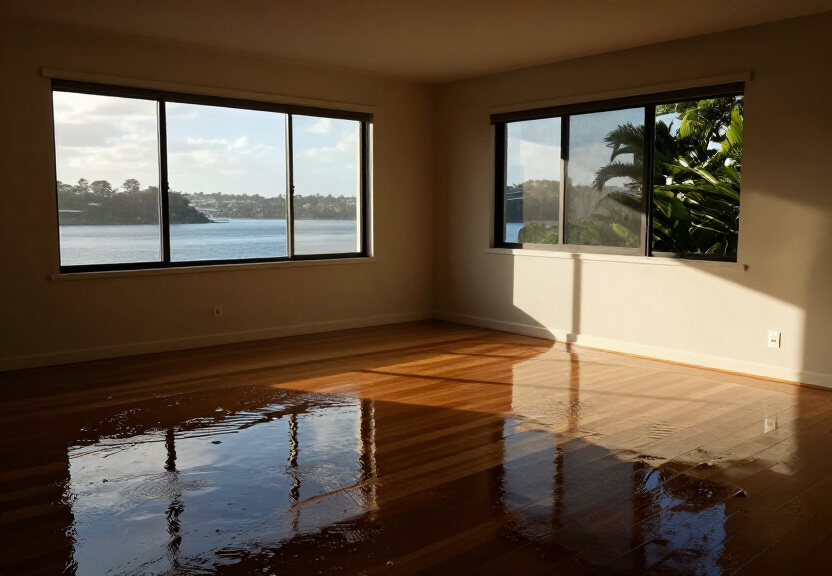 Flooded living room in Longueville home before restoration